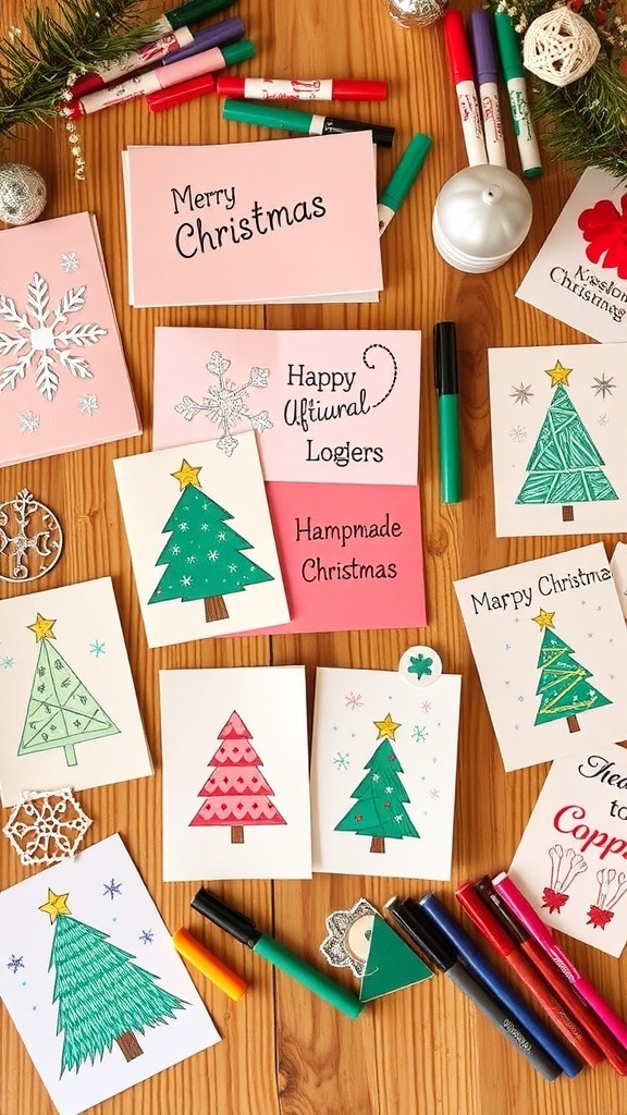 Handmade Christmas cards with festive designs on a wooden table.